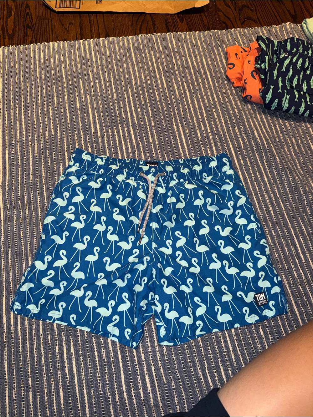 Tom & Teddy Blue Flamingo Print Men’s Swim Trunks without liner 5 inch